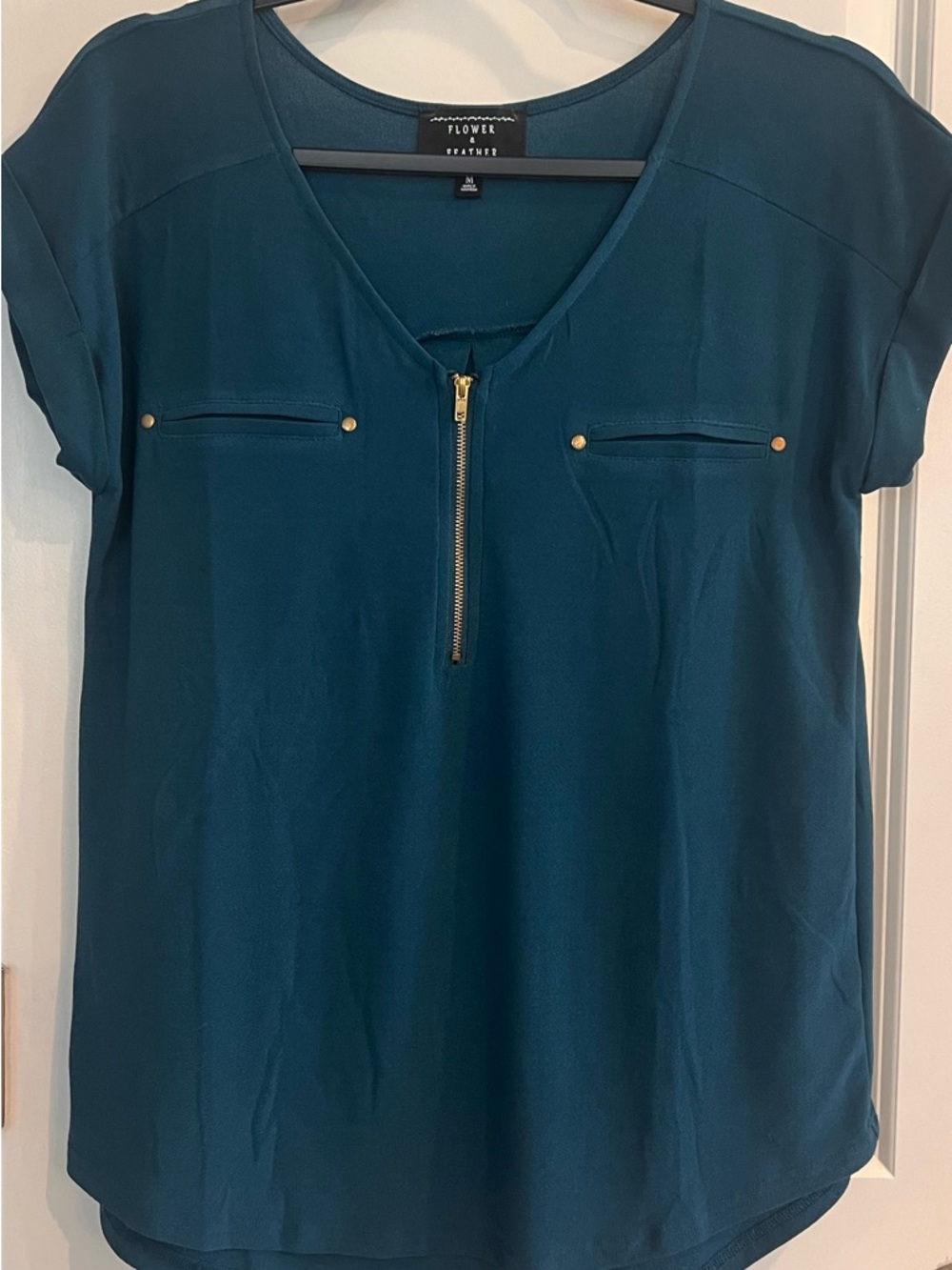 Teal Short-Sleeve Zip-Front Blouse